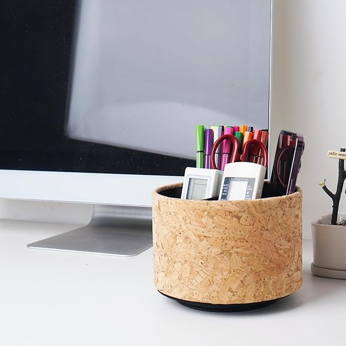 Round Leather Art Supply Organizer,Remote Control Holder,360 Degree Spinning,Multi-Functional Pencil Holder,4 Compartments Desktop Stationary Organizer(1-Wood Leather Gold)