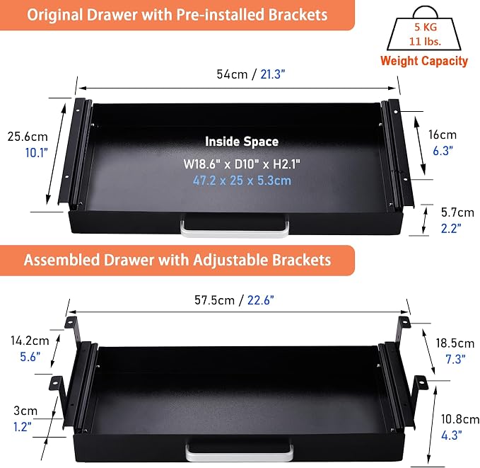 Under Desk Drawer Organizer 21", Large Desk Pencil Storage Drawer | Black, Under Cabinet Table, Heavy Duty Pull Out Shelf, Attachable for Workbench, Adjustable Brackets, Work Shop, Desk Lip - Image 4