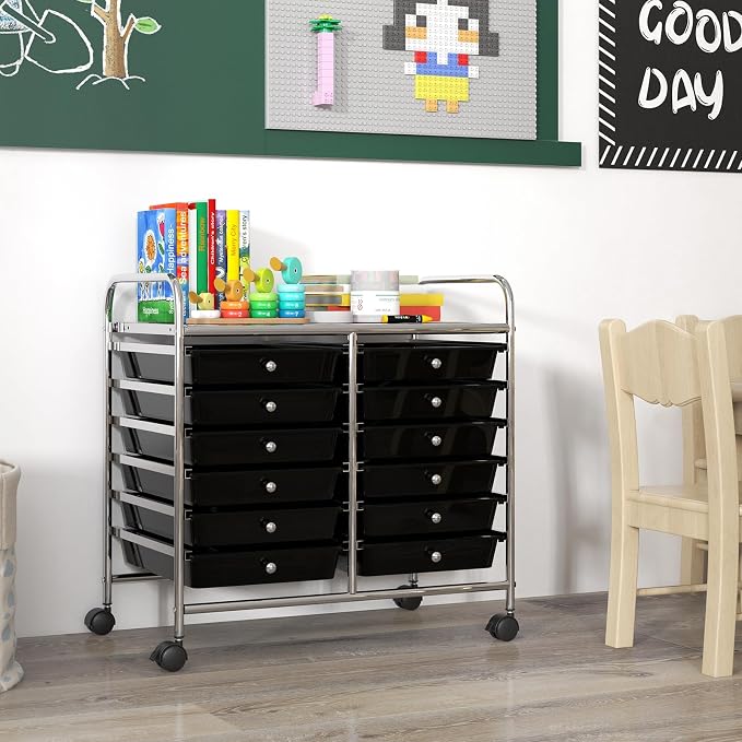GOFLAME 12-Drawer Rolling Storage Cart, Multifunctional Art Craft Organizer Cart, Mobile Utility Storage Cart with Removable Drawers & Lockable Wheels, Craft Cart for Home Office School, Black - Image 2
