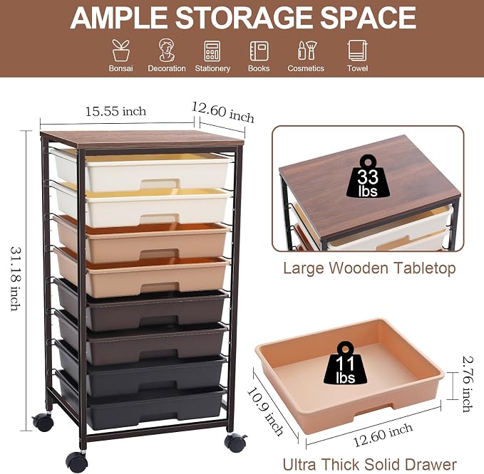 SYKIARIOL Rolling Cart with Drawers, 8 Drawers Utility Cart, Brown Gradient | Craft Organizers and Storage Cart with Wooden Top for Living Room,Classroom,Bedroom,Dorm,Home Office - Image 2