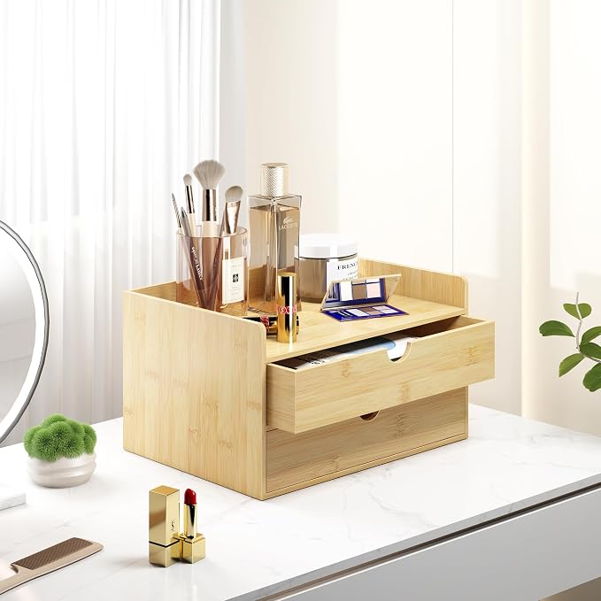Bamboo Desk Organizer with Drawers, Desktop Storage Box for Office Supplies | 2 Drawers Desktop organizer, No Assembly Required, Natural Wood Wooden Desktop Drawers for Bills, Cosmetics, Seals, Paper - Image 6