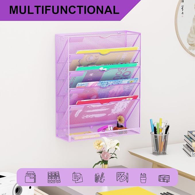 Hanging Wall File Organizer 6 Tier Wall Mounted Mail Paper Folder Holder Document Organization Stand, Vertical Desk Magazine Rack for Office Home Cubicle Countertop, Light Purple - Image 6