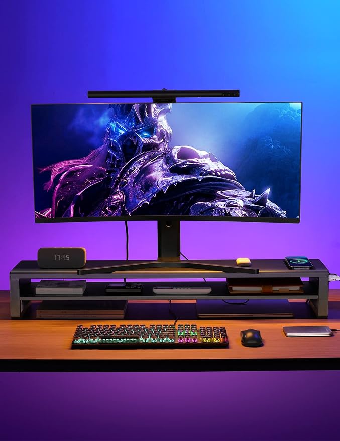 2 Tiers Dual Monitor Stand with Auto Charging Pad, 4 USB 3.0 Hub Ports, Double Monitor Riser, Metal Desk Stand with Storage, Long Screen Raiser for 2 Monitors/PC/Laptop/Computer Space Saver Organizer - Image 4