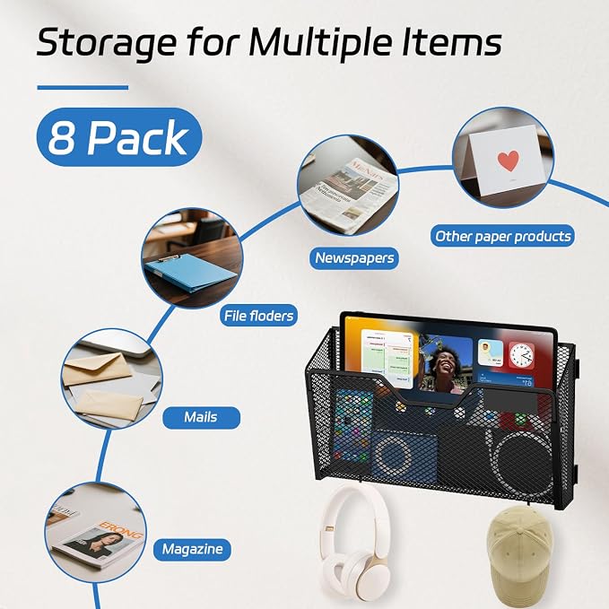 Wall File Organizer, 8 Pack Metal Wall File Holders, Black | Wall organizer with mesh pockets, label panels and hook or screw mounting for A4 and letter files at home, office or school - Image 5