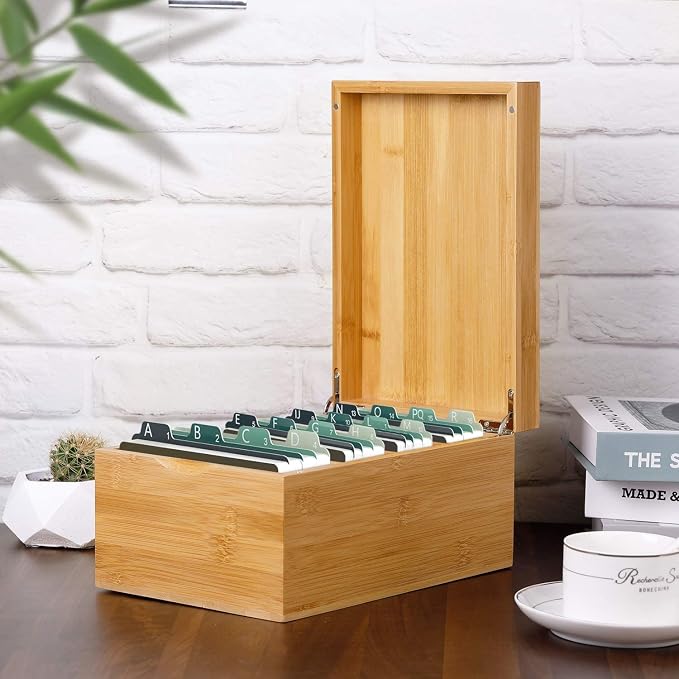 MaxGear Bamboo Business Card Organizer for 4" x 6" Cards | Index Card Holder for Desk, Index Cards Box with A-Z Tabs, Holds 600 Cards, Desktop Organizers for Home, Office - Image 8