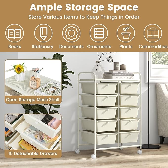 Moccha Rolling Cart with 10 Drawers - Storage Drawers Organizer with wheels for Craft Art Supply Paper Salon, Multipurpose Movable Utility Cart for Teacher Classroom, White - Image 4