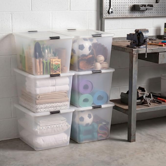 IRIS USA 6-Pack 55 Quart Clip Box with Latching Lid | Latching lid secures office and household supplies. Stackable, nestable design maximizes storage space - Image 3