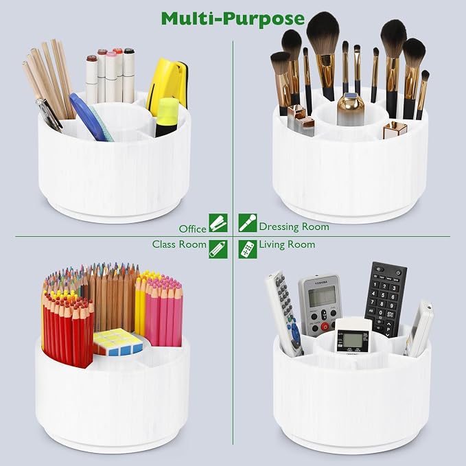 Bamboo Rotating Round Art Supply Organizer, Pencil Holder Desk Organizer | with 7 Compartments, Office Supplies Desktop Storage Caddy for Colored Pencils(white) - Image 5