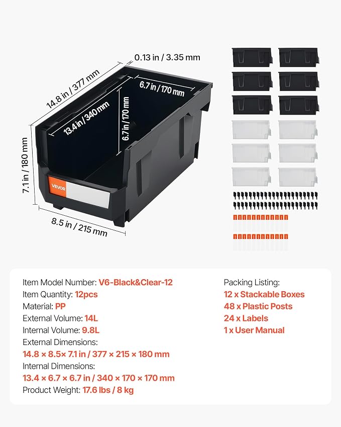VEVOR Plastic Stackable Storage Bins, 14.8 x 8.5 x 7.1 inch (12 Pack), Plastic Containers for Organizing & Storage Bins for Garage, Small Parts, Office Supplies, Other Accessories, Black & Transparent - Image 7