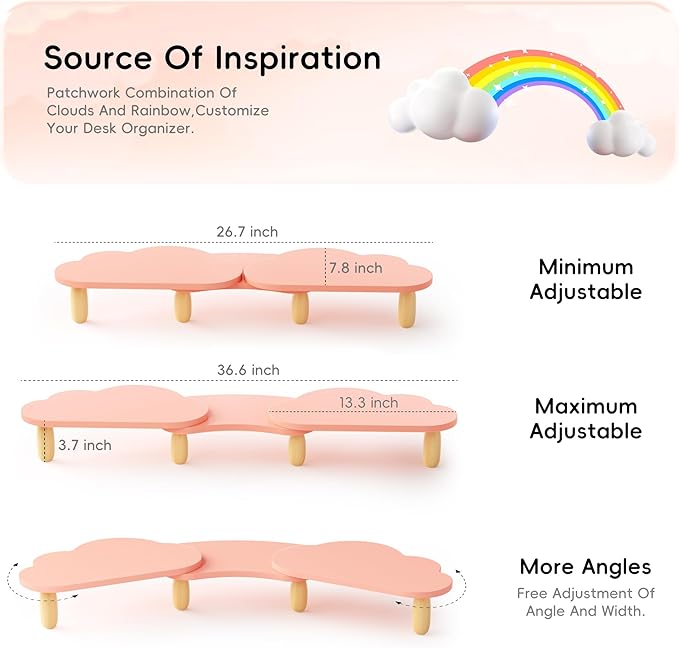 AFOOYO Dual Monitor Stand Riser, Adjustable Rainbow Cloud Desktop Organizer for 2 Monitors, Flexible Length & Angle Computer Stand for Laptop, PC, Printer, Home Office Use - Pink - Image 5