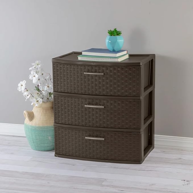 Sterilite Wide 3 Drawer Weave Tower, Home Organizer, Espresso | Organizing Plastic Drawers and Containers for Home, Office, Desk, Clothes, Dresser, Kitchen, and Pantry - Image 4