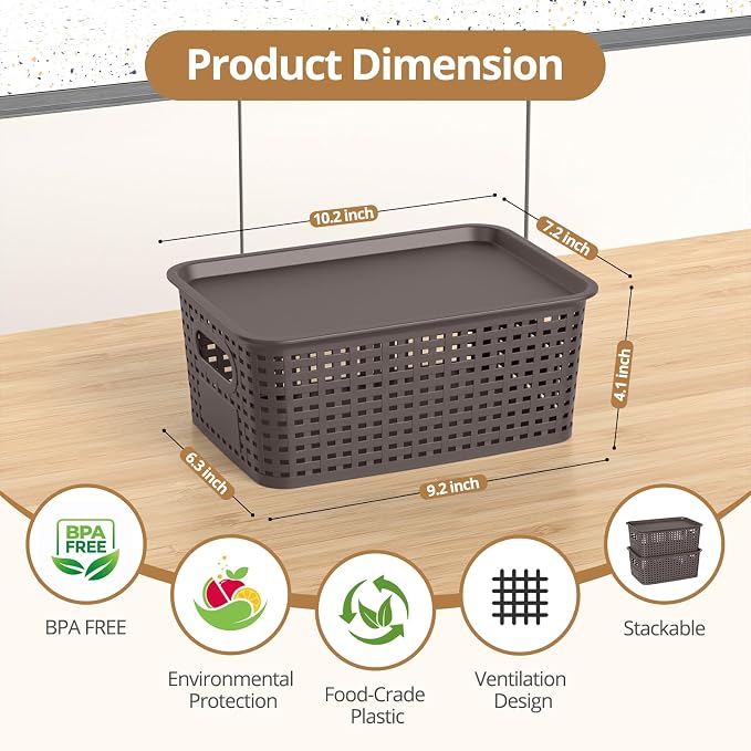 Plastic Storage Basket with Lid, Stackable Small Box Bins for Organizing and Containers for Shelves Drawers Desktop Closet Playroom Pantry Classroom Office Home, 8 Pack 10.2x7.2x4.1 Inch, Brown - Image 2