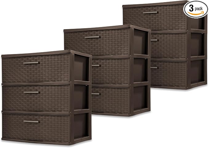 Sterilite 3 Pack 3 Drawer Wide Storage Tower, Weave Organizer, Espresso | Lightweight Opaque Home Storage Container for Bedrooms, Closets, or Bathrooms by Sterilite