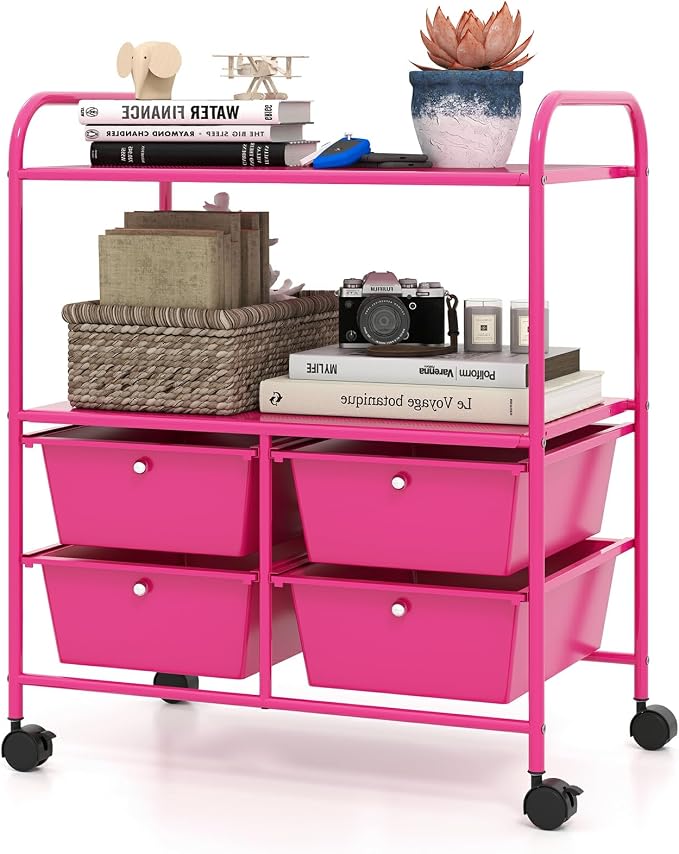 Moccha Rolling Storage Cart with 4 Drawers - Storage Drawers Organizer with wheels for Craft Art Supply Paper Salon, Scrapbook Paper Tools, Movable Utility Cart for Classroom School Studio, Hot Pink by LDAILY