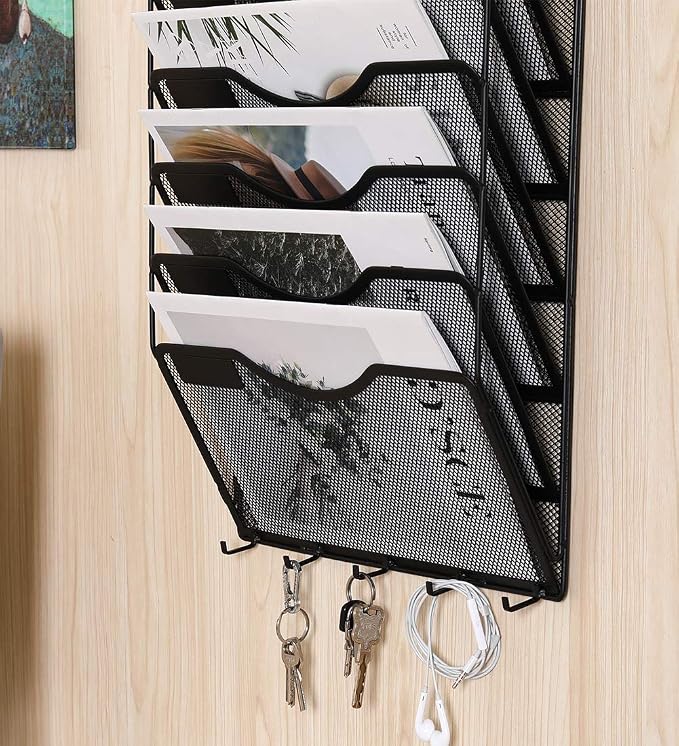 EasyPAG 8 Pocket Mesh Wall File Organizer with Key Hooks, Hanging Paper Folder Holder with Classify Label, Vertical Wall Mount Mail Organizer for Office Home Classroom, Black - Image 4