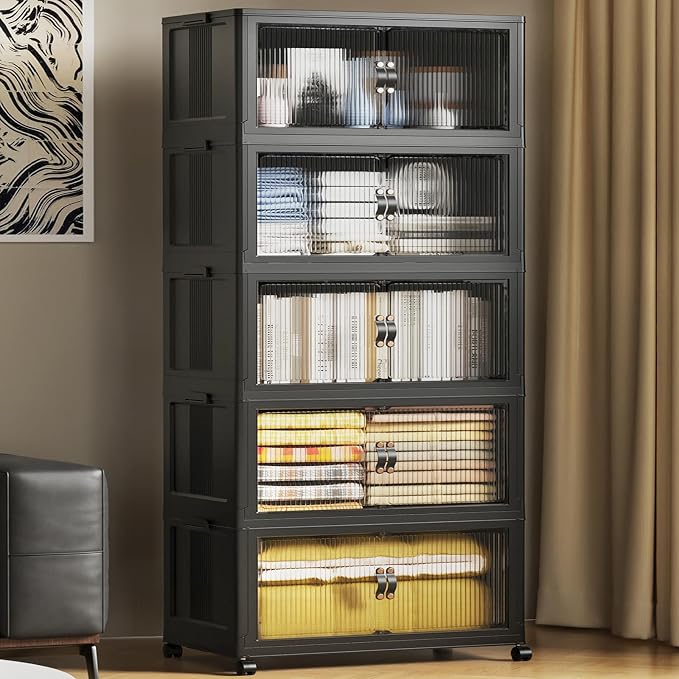 SAILUN 635Qt Large Stackable Storage Bins,Storage Cabinet with a Lid,Black | Stackable Storage Drawers with Lids,28" W x 17" D x 75" H,Featuring open-front Access for Clothes and Closet Storage by SAILUN