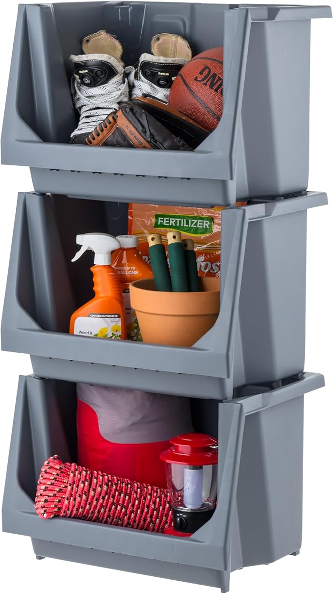 IRIS USA 3-Pack Large Open Front Storage Bins, Gray | Organize tools, hardware, sporting goods, and household items with durable construction and space-saving vertical storage by IRISUSA