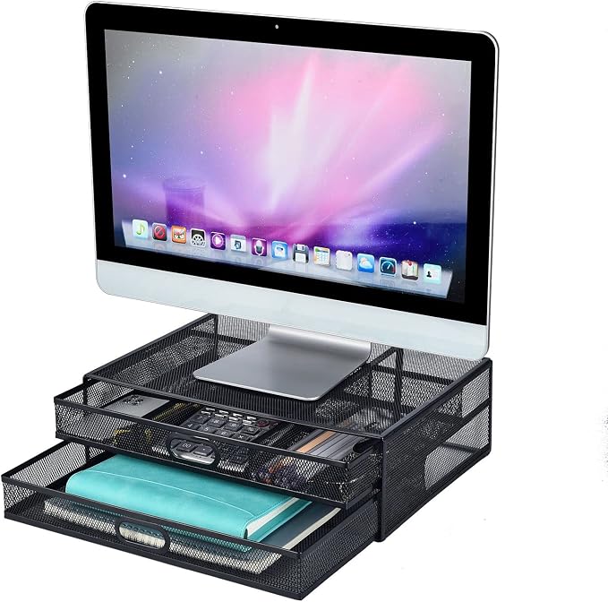 Monitor Stand Riser with Drawer - Metal Mesh Desk Organizer with Dual Pull Out Storage Drawer, Printer Holder with Pull Out Storage Drawe - Image 2