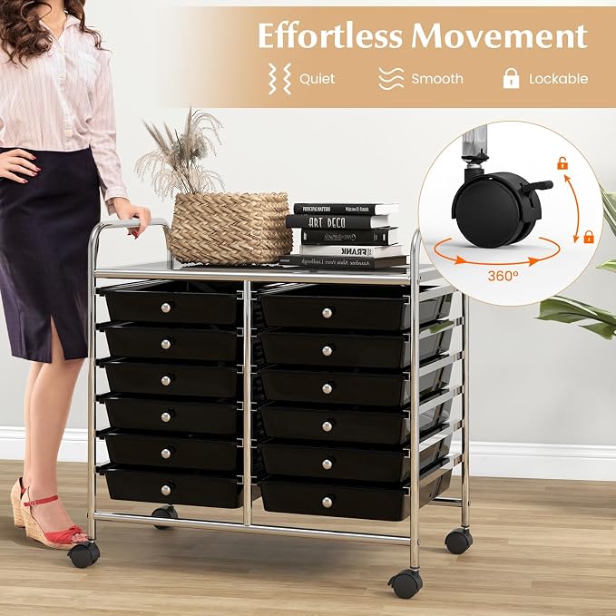 GOFLAME 12-Drawer Rolling Storage Cart, Multifunctional Art Craft Organizer Cart, Mobile Utility Storage Cart with Removable Drawers & Lockable Wheels, Craft Cart for Home Office School, Black - Image 7