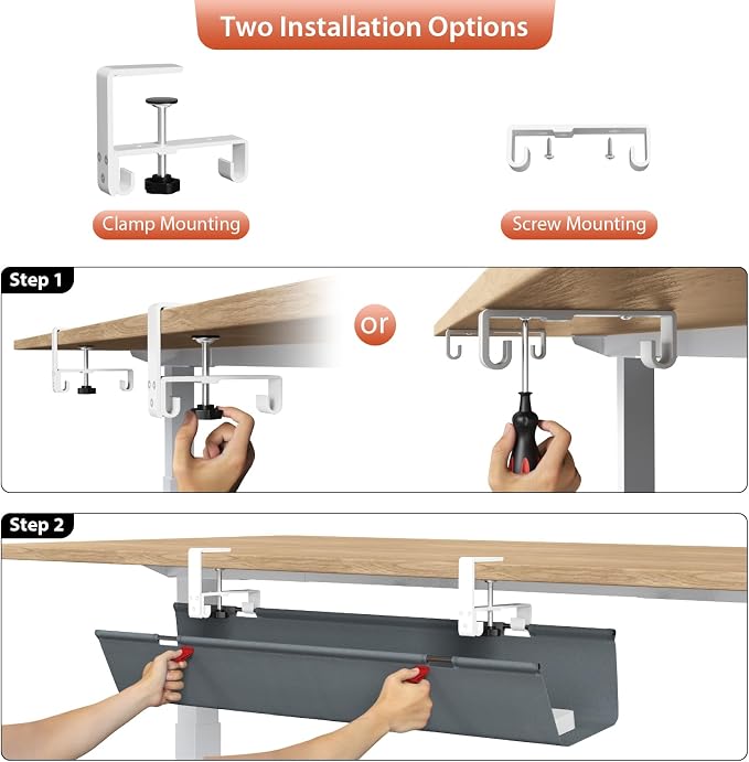 Univivi No Drill Under Desk Cable Management Tray, 36 inch Cable Management | Clamp/Screw Mount Desk Cord Organizer, Premium Fabric Cord Management, Large Capacity Desk Cable Organizer for Office, Home - Image 6
