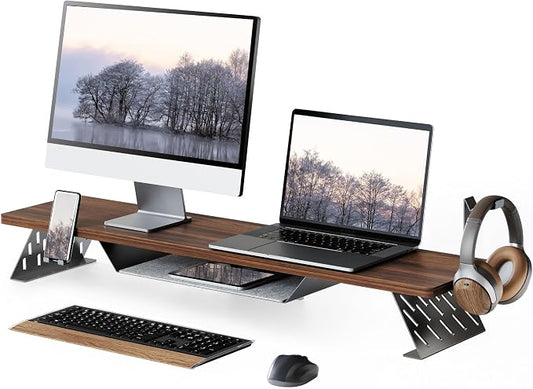 Fenge Dual Monitor Stand, Wooden Desk Shelf with Headphone & Phone Holder | 42.5" Monitor Riser with Storage Shelf, 2-Tier Monitor Shelf with Metal Leg for Home Office Organizer, Brown by Fenge