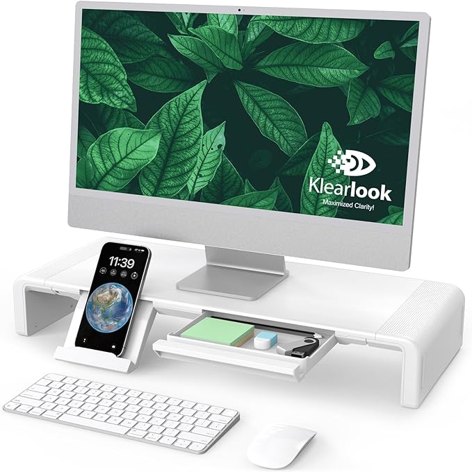 Monitor Stand Riser, Klearlook Foldable, Height Adjustable Computer Stand, Desk Shelf Riser with Storage Drawer &Tablet Phone Stand for Desktop, Laptop (White) by KlearlookMaximizedClarity