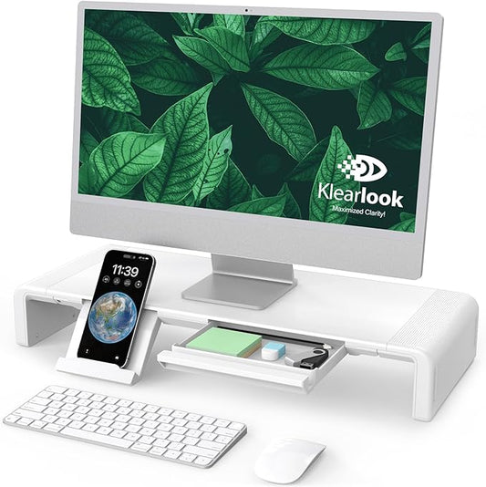 Monitor Stand Riser, Klearlook Foldable, Height Adjustable Computer Stand, Desk Shelf Riser with Storage Drawer &Tablet Phone Stand for Desktop, Laptop (White) by KlearlookMaximizedClarity