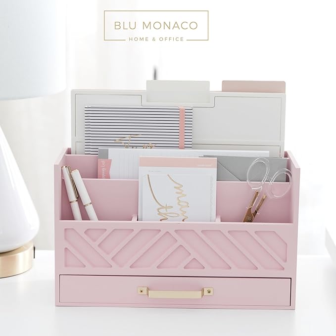 BLU MONACO | Pink Desk Organizers Wooden Mail Organizer with Drawer | Mail Sorter Organizer Countertop Gold Handle | Desk Organizers and Accessories Pink Office Storage - Image 5