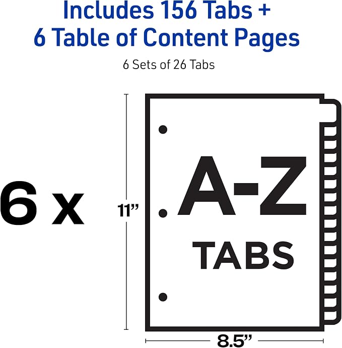 Avery A-Z Dividers for 3 Ring Binders, 26 Tabs per Set, Customizable Table of Contents, Multicolor Tabs, Great for Organizing Reports, Projects, and More (6 Sets of 11832) - Image 5