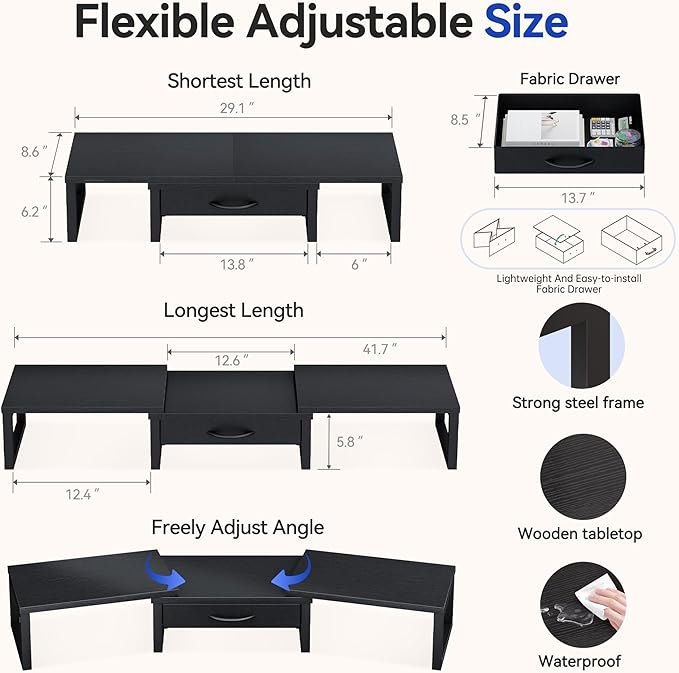 Dual Monitor Stand Riser, Desk Organizers and Accessories with Drawer, Computer Monitor Stands for Desk, Adjustable Desktop Shelf for PC Laptop Printer TV, Black - Image 2