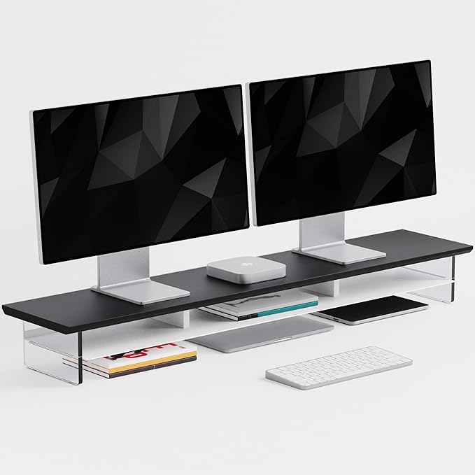 FENSULN Dual‑Tier Monitor Stand for Modern Desk Setup – Minimalist Wooden and Metal Riser Shelf with Transparent Acrylic Feet for Dual Monitors, Laptops, Home Office Aesthetic，Black and White by FENSULN