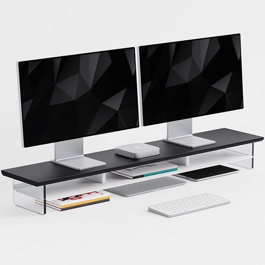 FENSULN Dual‑Tier Monitor Stand for Modern Desk Setup – Minimalist Wooden and Metal Riser Shelf with Transparent Acrylic Feet for Dual Monitors, Laptops, Home Office Aesthetic，Black and White by FENSULN