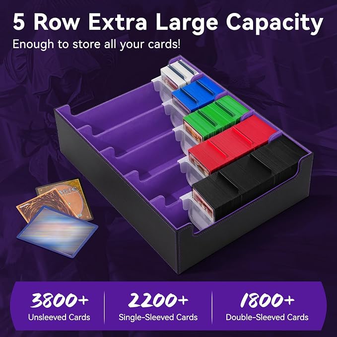 5 Row Trading Card Storage Box, 3800+Bulk Card Organizer Box with 20 Dividers & 5 Supporters, Graded Card Deck Box for YuGiOh, MTG, TCG with Double Lid Black/Violet - Image 2