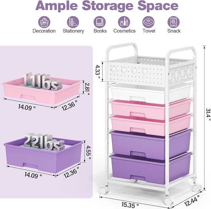 5 Drawer Rolling Storage Cart with Pegboard Top and Hooks, Dreamy Color | Mobile Organizer Cart with Wheels for Office Supplies, Craft Storage, Classroom Organization, Home Utility Cart - Image 2