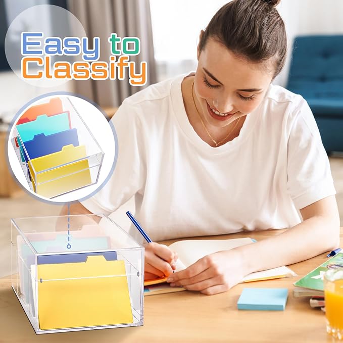 Mooliwe Index Card Holder Clear Acrylic Card Organizer 50 Pcs Divider Sheets for Desk File Note Holders, 4 Compartments Holds 600 Cards (5 x 8 Inch) - Image 6