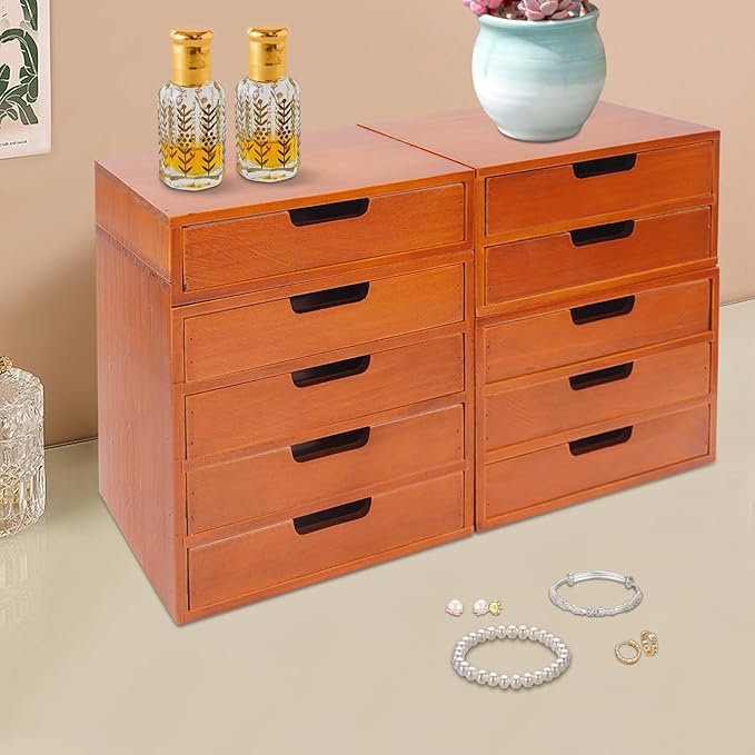 4-Pack 4 Drawer Desktop Storage Organizers, Desktop Wood Stackable Drawer Cabinet, Vintage Tabletop Card Catalog Cabinet for Home Office Study Rooms - Image 2
