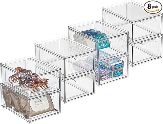 mDesign Plastic Bathroom Organizer Bin w/Pull Out Drawer - Slim Stackable Storage Container for Bathroom Accessories - Perfect for Organizing Bathroom Cabinet - Lumiere Collection - 8 Pack - Clear by mDesign