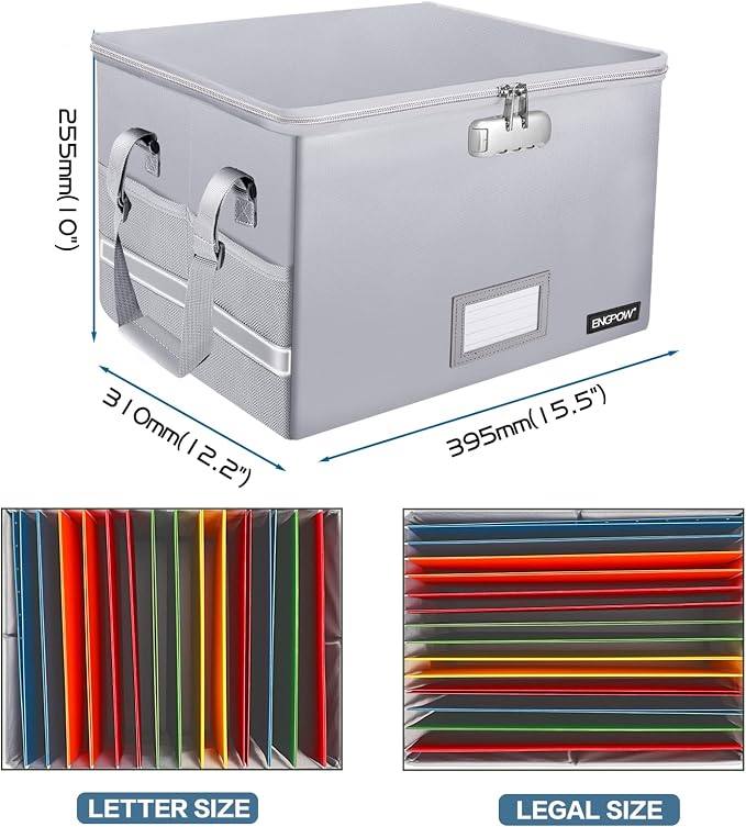 ENGPOW File Box with Lock, Fireproof Document Box with Pockets, Collapsible File Organizer Filing Storage Cabinet with Handle, Portable Home Office Safe for Hanging Letter/Legal Folders,Silver,2 Pack - Image 5