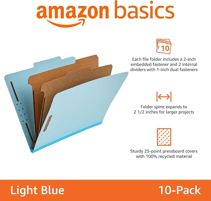 Amazon Basics Classification Folder with Prongs, 100% Recycled, 2 Dividers, 2" Embedded Fasteners, Letter Size, for Documents Organization, Light Blue, 10 Count - Image 2
