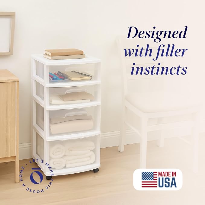 HOMZ Drawer Tower, 4-Tier Clear Plastic Storage Organizer Cart, White Frame - Rolling Drawers with Wheels for Desk, Dresser, Cabinet, Bedroom, Bathroom, Classroom, and Office Organization - Image 4