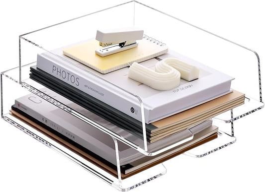 HeZone Enlarged Letter Paper Tray - Clear Acrylic Desk Organizers for Document Organization and File Storage - Stackable Office Accessories - 2 Pack (Large Tray V) by HeZone