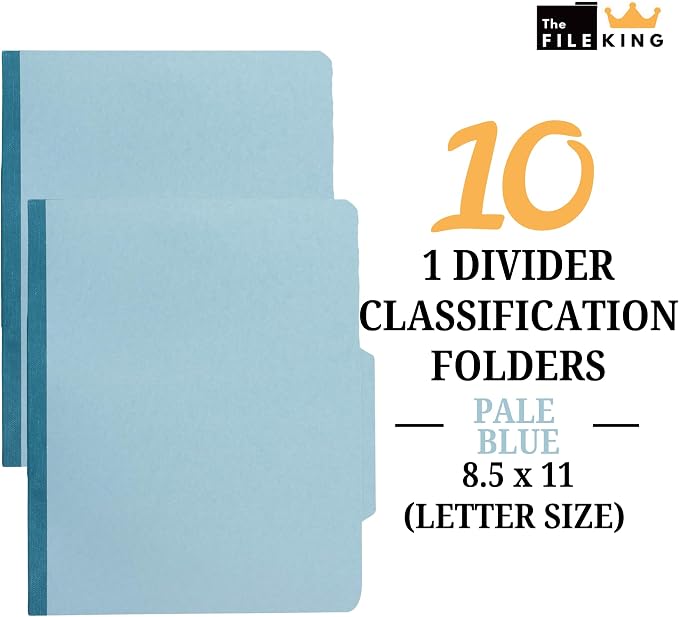 The File King One Divider Pale Blue Pressboard Classification File Folder - Letter Size | Box of 10 | Top Tab | 2” Expansion | Four 2-Inch Durable Fastener Prongs | USA Made - Image 2