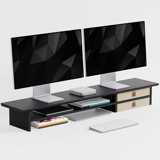 FENSULN Dual‑Tier Monitor Stand Riser with Drawers, Desktop Organizer Shelf Storage for Computer Screen 2 Monitors, Supports for PC Computer Monitor, Printer, Heavy TV Riser Black by FENSULN