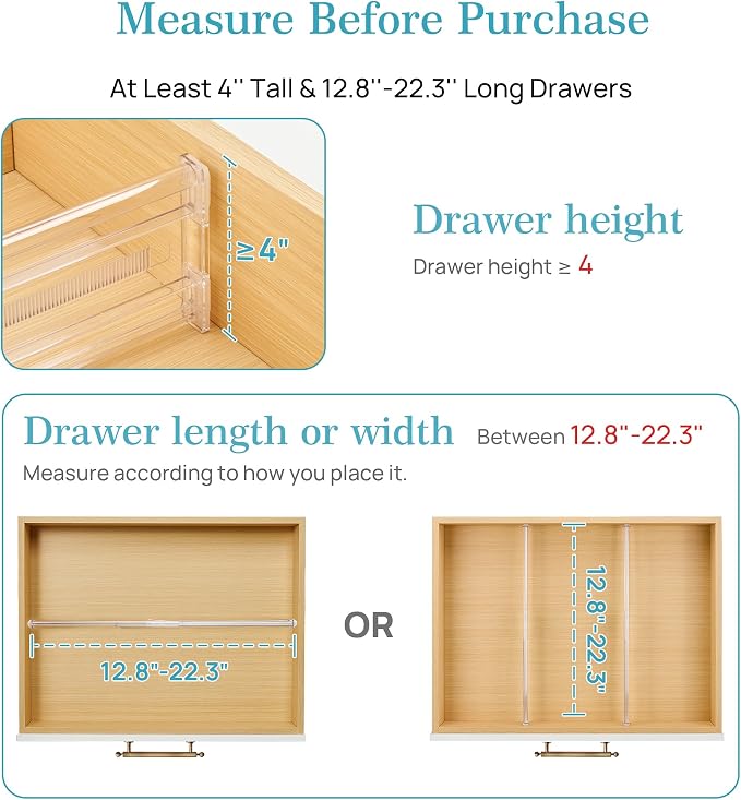Vtopmart 4" Regular Upgrade Drawer Dividers for Clothes, 12.8"-22.3" 8 Pack | Expandable Dresser Drawer Organizer, Clear Separator, Baby Clothing, Underwear, Cosmetics, Toiletries Storage, Space Saving - Image 2