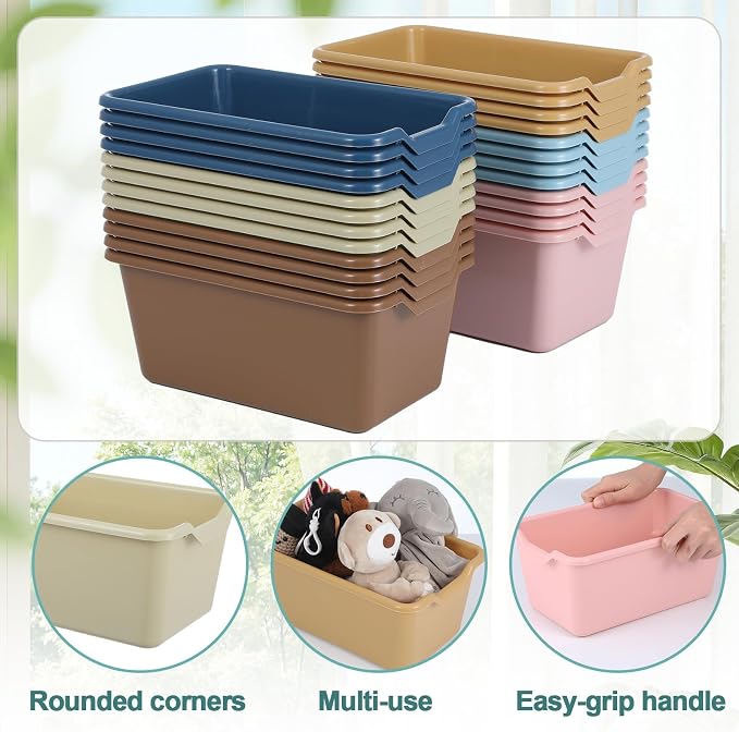 gisgfim 24 Pack Plastic Cubby Bins Classroom Book Bins Scoop Front Stackable Easy-to-Grip Toy Storage Tubs Containers for School Library Office Home Nursery Playroom Organization (Retro Color) - Image 3