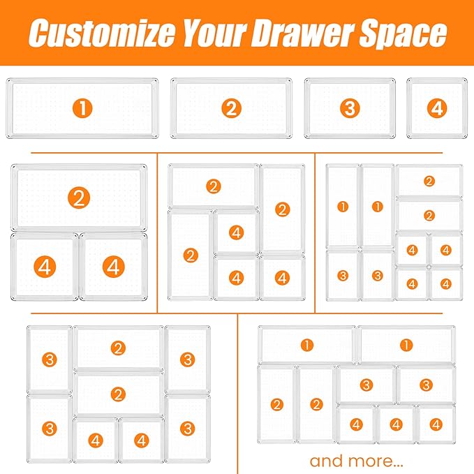 18 Pcs Large Size Clear Drawer Organizer Set, Acrylic Non Slip Non Cracking Kitchen Drawer Storage Tray Divider, Multifunctional Storage for Cosmetics, Bathroom, Tools, Kitchen and Office - Image 8