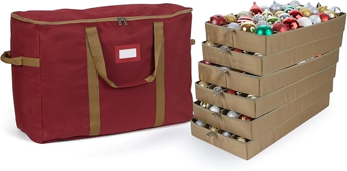Covermates Keepsakes Adjustable Ornament Storage Bag – Heavy-Duty Polyester, Padded Dividers & FlexGrid Trays – Protective Holiday Ornament Organizer with Handles & Label Window, Red by Covermates
