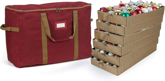 Covermates Keepsakes Adjustable Ornament Storage Bag – Heavy-Duty Polyester, Padded Dividers & FlexGrid Trays – Protective Holiday Ornament Organizer with Handles & Label Window, Red by Covermates