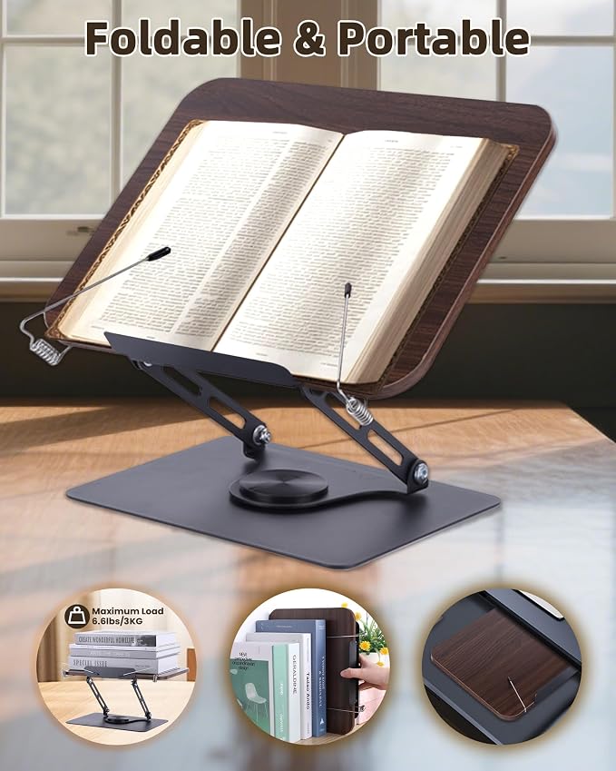 ASIEIT Book Stand for Reading, Adjustable Book Holder with 360° Rotating Bases & Elastic Page Clips, Foldable Bible Stand, Portable Reading Stand for Bible, Recipe, Magazine, Tablets, Laptops, Brown - Image 5