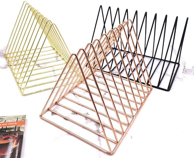 9 Slot Magazine Rack Book Record Holder, Desktop Iron Storage Rack Bookshelf Multifunction Triangle File Organizer Sorter for Decor Home Office, Rose Gold Pack of 2 - Image 7